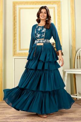 Beautiful georgette ruffle work fully stitched free size lehenga with embroidery stitched blouse&stylist ready jacket 1