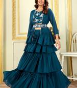 Beautiful georgette ruffle work fully stitched free size lehenga with embroidery stitched blouse&stylist ready jacket