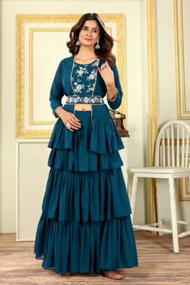Beautiful georgette ruffle work fully stitched free size lehenga with embroidery stitched blouse&stylist ready jacket 2