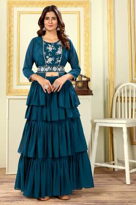 Beautiful georgette ruffle work fully stitched free size lehenga with embroidery stitched blouse&stylist ready jacket 3