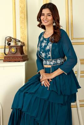 Beautiful georgette ruffle work fully stitched free size lehenga with embroidery stitched blouse&stylist ready jacket 4