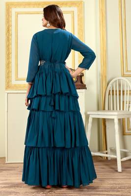 Beautiful georgette ruffle work fully stitched free size lehenga with embroidery stitched blouse&stylist ready jacket 5