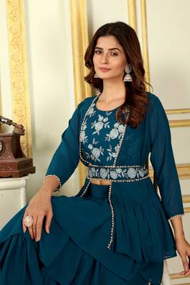 Beautiful georgette ruffle work fully stitched free size lehenga with embroidery stitched blouse&stylist ready jacket 6