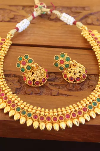 Designer gold plated kempu necklace set