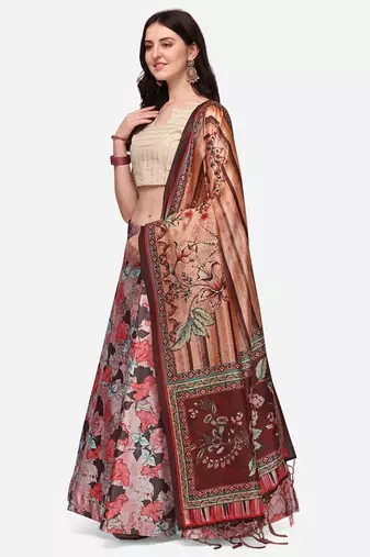 Pink Satin Silk Lehenga Choli Set With Dupatta