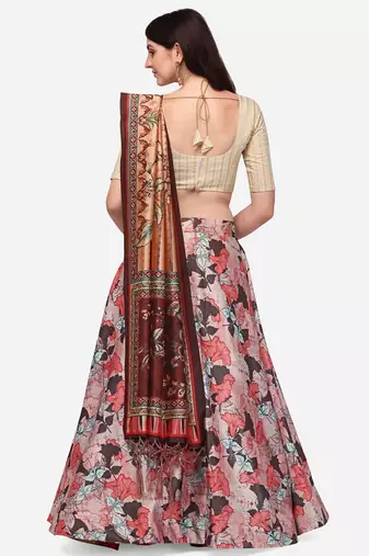 Pink Satin Silk Lehenga Choli Set With Dupatta