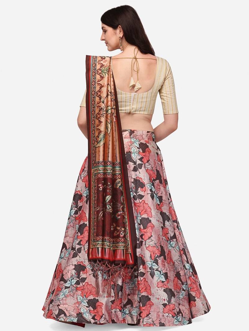 Pink Satin Silk Lehenga Choli Set With Dupatta