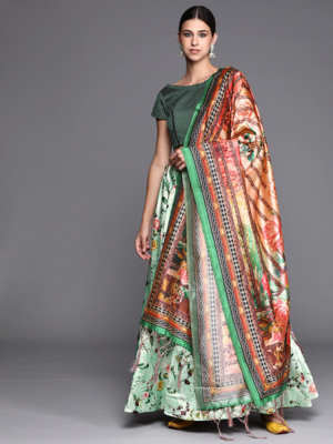 Light-Green Satin Silk Lehenga Choli Set With Dupatta 1