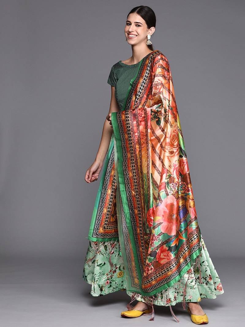 Light-Green Satin Silk Lehenga Choli Set With Dupatta