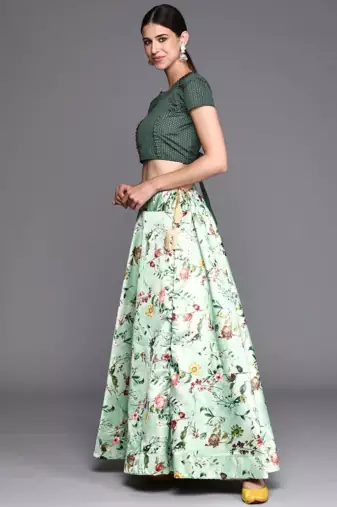 Light-Green Satin Silk Lehenga Choli Set With Dupatta