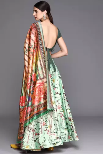 Light-Green Satin Silk Lehenga Choli Set With Dupatta