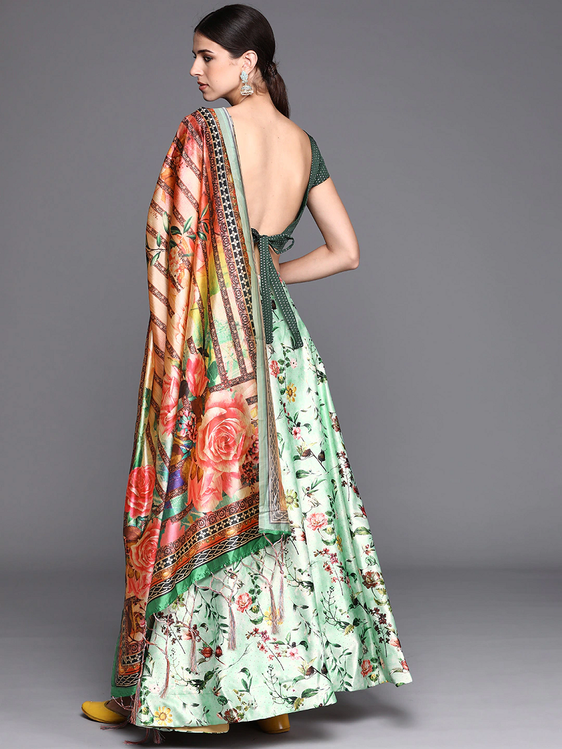 Light-Green Satin Silk Lehenga Choli Set With Dupatta