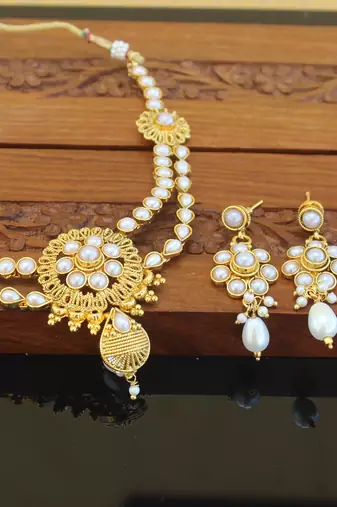 Designer gold plated double layer pearl necklace set