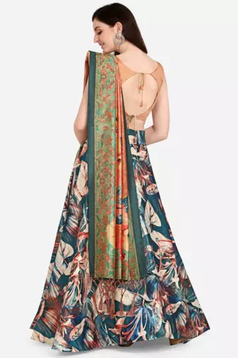 Blue Satin Silk Lehenga Choli Set With Dupatta
