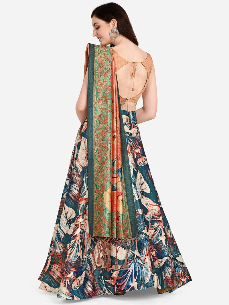 Blue Satin Silk Lehenga Choli Set With Dupatta