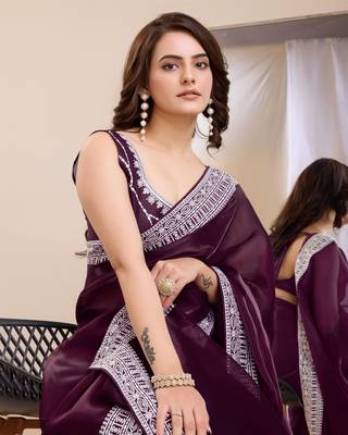 Soft Jimmy Chau Silk Embroidery Saree & Blouse Mono Banglory 2