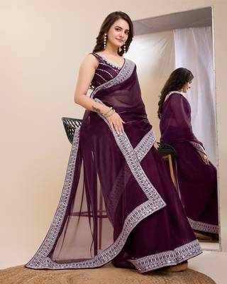 Soft Jimmy Chau Silk Embroidery Saree & Blouse Mono Banglory 3