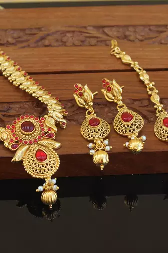 Designer gold plated kempu peacock necklace set