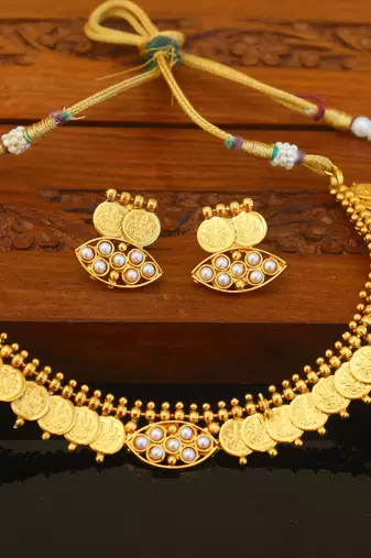 Designer gold plated temple coin necklace set
