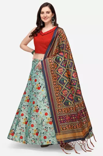 Sky Blue Satin Silk Lehenga Choli Set With Dupatta