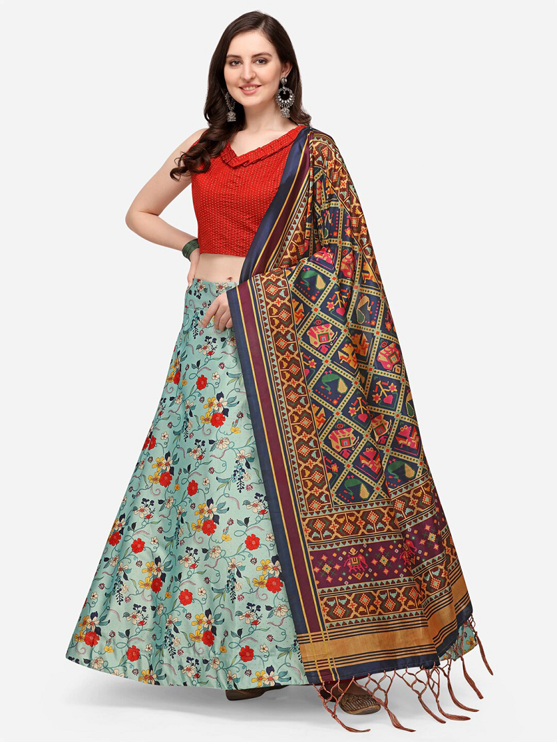 Sky Blue Satin Silk Lehenga Choli Set With Dupatta