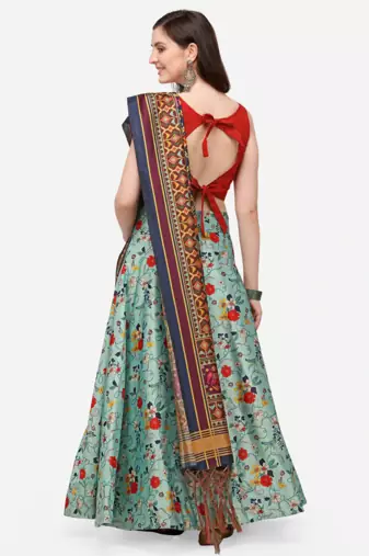 Sky Blue Satin Silk Lehenga Choli Set With Dupatta