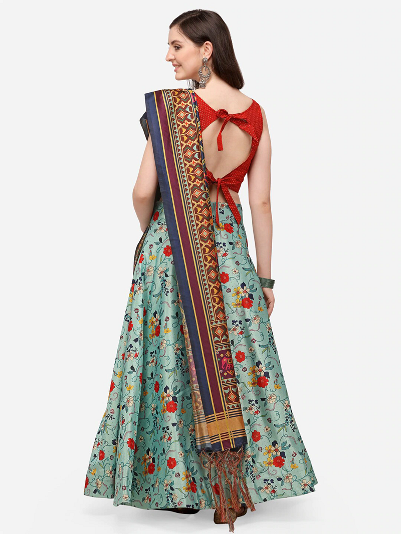 Sky Blue Satin Silk Lehenga Choli Set With Dupatta