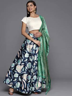 Navy Blue Satin Silk Lehenga Choli Set With Dupatta 1