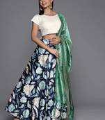 Navy Blue Satin Silk Lehenga Choli Set With Dupatta