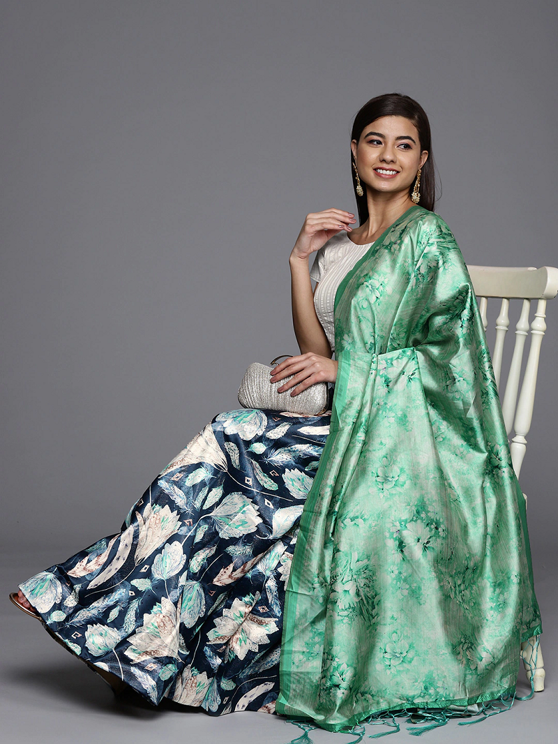 Navy Blue Satin Silk Lehenga Choli Set With Dupatta