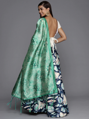 Navy Blue Satin Silk Lehenga Choli Set With Dupatta 3