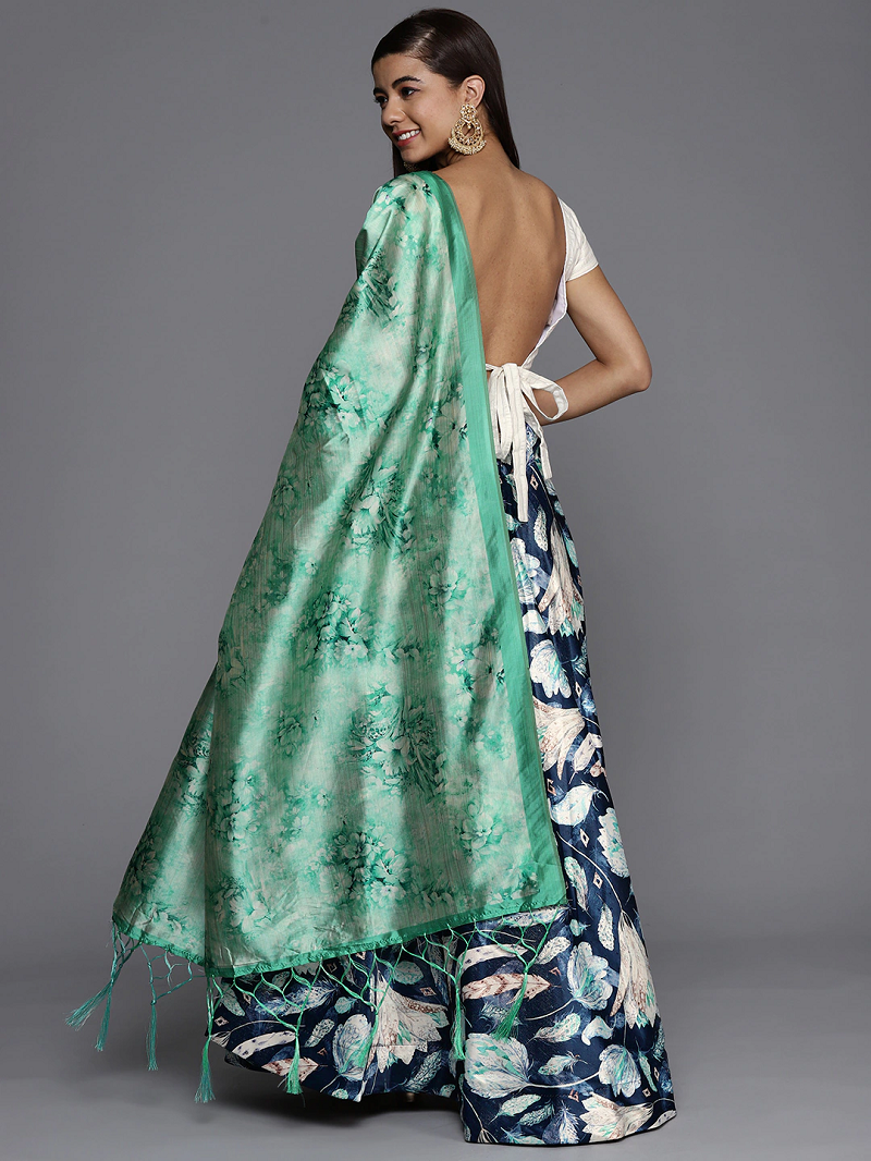 Navy Blue Satin Silk Lehenga Choli Set With Dupatta