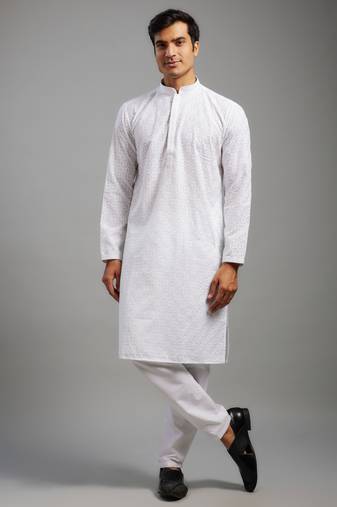 Arruga stylish white multi-tone embroidery kurta pyjama