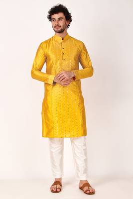 Koshin men's art silk white & yellow mirror work embroidery kurta & for festive & wedding 1