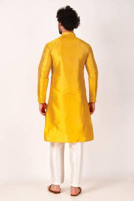 Koshin men's art silk white & yellow mirror work embroidery kurta & for festive & wedding 2