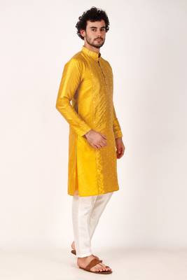 Koshin men's art silk white & yellow mirror work embroidery kurta & for festive & wedding 3