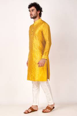 Koshin men's art silk white & yellow mirror work embroidery kurta & for festive & wedding 4