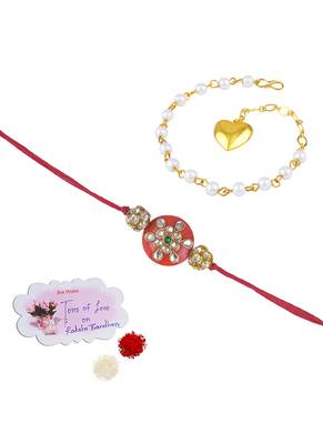 Handmade rakhi combo couple pair orange kundan and heart charm unisex bracelet rakhi set for bhaiya bhabhi 1