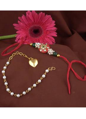 Handmade rakhi combo couple pair orange kundan and heart charm unisex bracelet rakhi set for bhaiya bhabhi 2