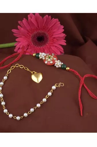Handmade rakhi combo couple pair orange kundan and heart charm unisex bracelet rakhi set for bhaiya bhabhi
