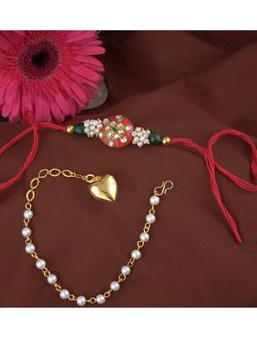 Handmade rakhi combo couple pair orange kundan and heart charm unisex bracelet rakhi set for bhaiya bhabhi 3