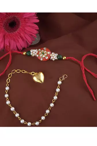 Handmade rakhi combo couple pair orange kundan and heart charm unisex bracelet rakhi set for bhaiya bhabhi