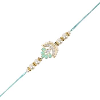 designer kundan pearl rakhi with roli chawal & rakshabandhan card for brother/bro/bhai/men  1