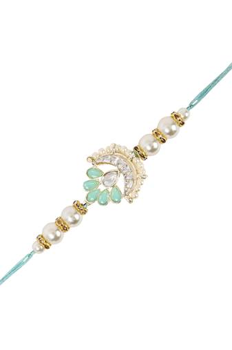 designer kundan pearl rakhi with roli chawal & rakshabandhan card for brother/bro/bhai/men 