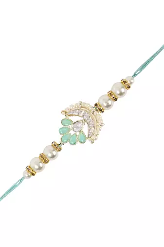 designer kundan pearl rakhi with roli chawal & rakshabandhan card for brother/bro/bhai/men (r143min)
