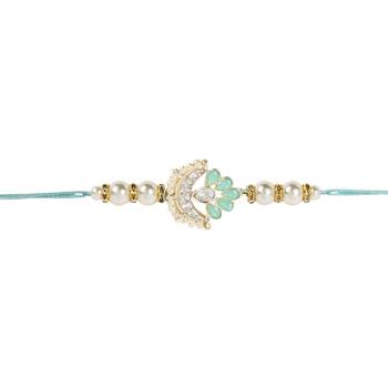 designer kundan pearl rakhi with roli chawal & rakshabandhan card for brother/bro/bhai/men  2