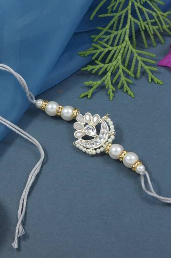 designer kundan pearl rakhi with roli chawal & rakshabandhan card for brother/bro/bhai/men 