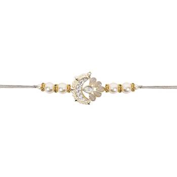 designer kundan pearl rakhi with roli chawal & rakshabandhan card for brother/bro/bhai/men  3