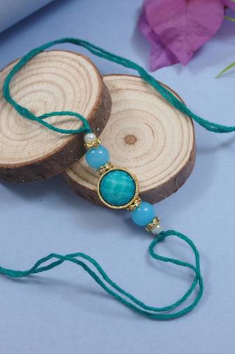 designer pearl beaded bhaiya rakhi with roli chawal & rakshabandhan greeting card for brother
