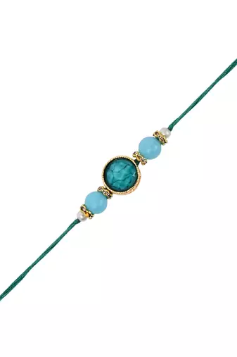designer pearl beaded bhaiya rakhi with roli chawal & rakshabandhan greeting card for brother